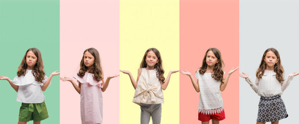 Collage of brunette hispanic girl wearing different outfits clueless and confused expression with arms and hands raised. Doubt concept.