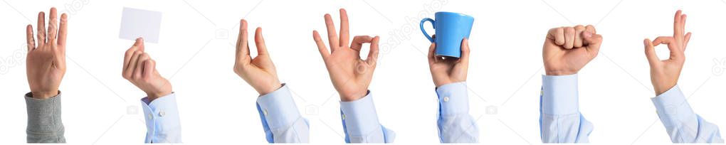 Man hands wearing shirt showing different objects and doing signs with fingers, office concept