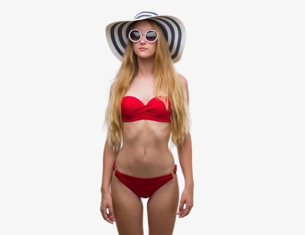 Adolescente Rubia Que Usa Bikini Gafas Sol Sombrero Verano Con —  Fotos de Stock