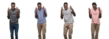 Kolaj bir Afrikalı-Amerikalı adam geçiş parmakları umut ve gözleri kapalı ile gülümseyen farklı kıyafetler giyiyor. Şans ve batıl kavramı.