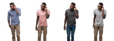 Kolaj bir Afrikalı-Amerikalı adam bir işitme söylenti ya da dedikodu için dinleme kulak üzerinde el ile gülümseyen farklı kıyafetler giyiyor. Sağırlık kavramı.