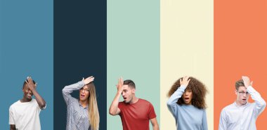 Group of people over vintage colors background surprised with hand on head for mistake, remember error. Forgot, bad memory concept. clipart