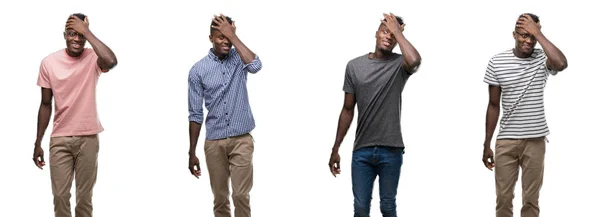 Kollázst Különböző Ruhák Viselése Afrikai Amerikai Férfi Meglepett Kézzel Fej — Stock Fotó