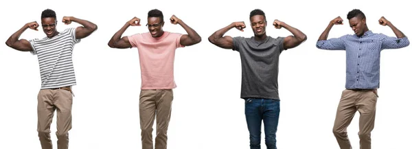 誇りに思って笑顔腕の筋肉を示すさまざまな衣装を身に着けているアフリカ系アメリカ人のコラージュ フィットネスの概念 — ストック写真
