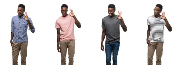 Colagem Homem Afro Americano Vestindo Roupas Diferentes Sorrindo Positivo Fazendo — Fotografia de Stock