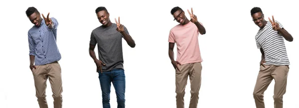 非洲裔美国人的拼贴画穿着不同的服装 微笑着看着相机 显示手指做胜利的标志 第二个 — 图库照片
