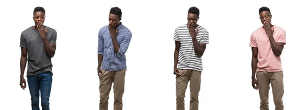 Farklı Kıyafetler Giyen Afrikalı Amerikalı Adam Kolaj Ağzıyla Kapsayan Yorgun — Stok fotoğraf