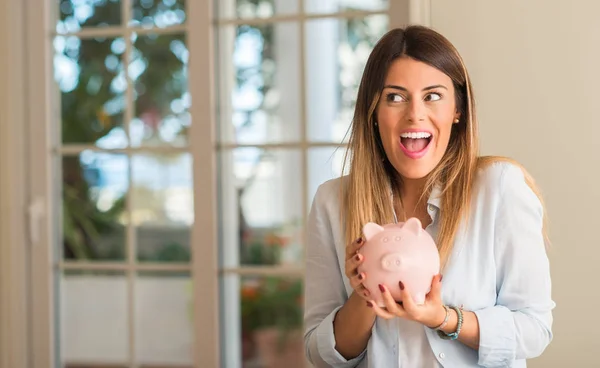 Beautiful Young Woman Holding Piggy Bank Home Very Happy Smile — Stock Photo, Image