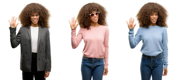 Africaine Américaine Jeune Femme Portant Différentes Tenues Montrant Pointant Vers — Photo