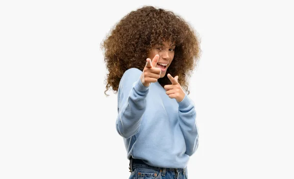 African American Woman Wearing Sweater Pointing Fingers Camera Happy Funny — Stock Photo, Image