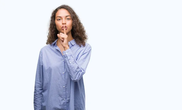 Young Hispanic Business Woman Asking Quiet Finger Lips Silence Secret — Stock Photo, Image