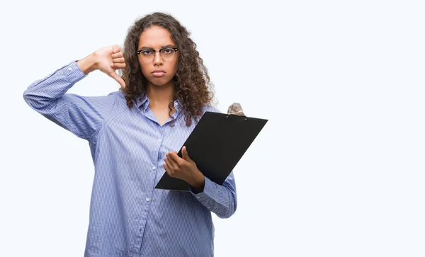 Young Hispanic Business Woman Holding Clipboard Angry Face Negative Sign — Stock Photo, Image
