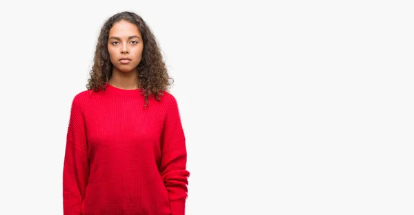 Young Hispanic Woman Wearing Red Sweater Serious Expression Face Simple — Stock Photo, Image