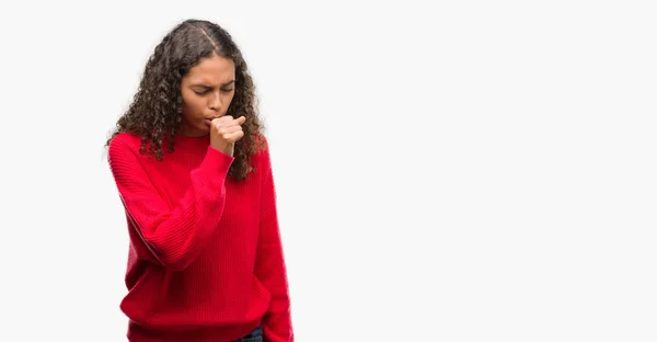 Mladá Hispánský Žena Nosí Červený Svetr Pocit Nepohody Kašle Jako — Stock fotografie