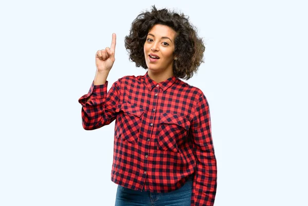 Beautiful Arab Woman Happy Surprised Cheering Expressing Wow Gesture Pointing — Stock Photo, Image