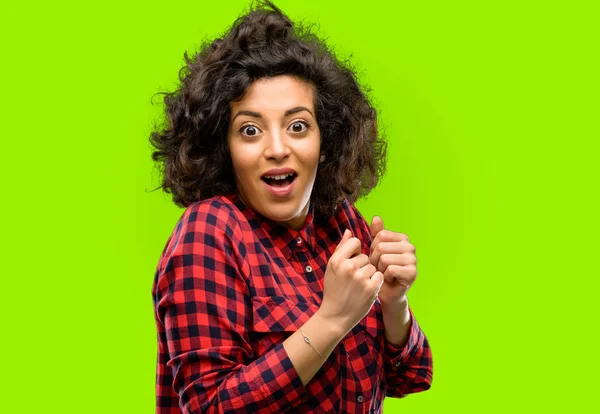Beautiful Arab Woman Happy Surprised Cheering Expressing Wow Gesture — Stock Photo, Image