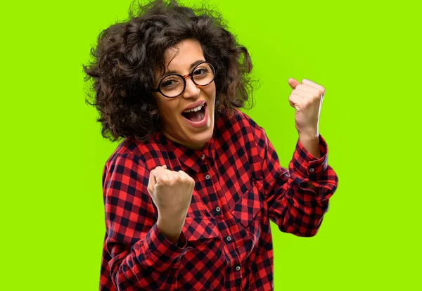 Beautiful Arab Woman Happy Excited Celebrating Victory Expressing Big Success — Stock Photo, Image