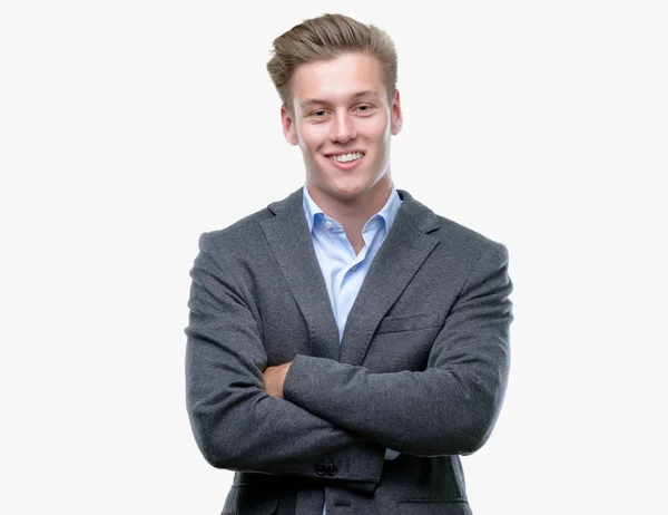 Joven Hombre Negocios Rubio Guapo Cara Feliz Sonriendo Con Los — Foto de Stock