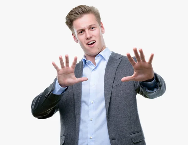 Young Handsome Blond Business Man Afraid Terrified Fear Expression Stop — Stock Photo, Image