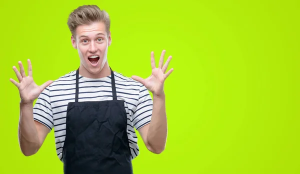 Young Handsome Blond Man Wearing Apron Very Happy Excited Winner — Stock Photo, Image