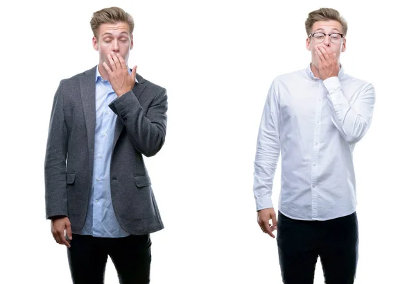 Young Handsome Blond Business Man Wearing Different Outfits Bored Yawning — Stock Photo, Image