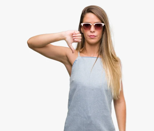 Beautiful Young Woman Wearing Sunglasses Denim Dress Angry Face Negative — Stock Photo, Image