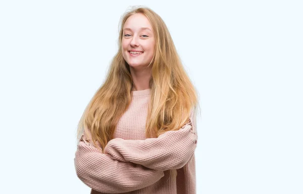 Blond Tonåring Kvinna Klädd Rosa Tröja Glada Ansikte Leende Med — Stockfoto