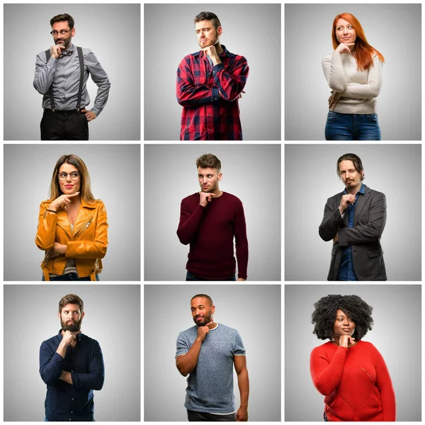 Group Mixed People Women Men Thinking Thoughtful Smart Face Expressing — Stock Photo, Image