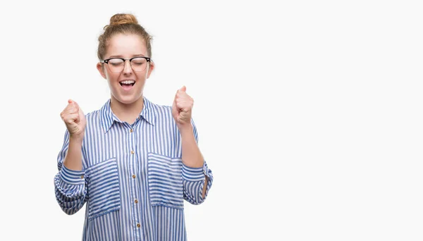 Young Blonde Business Woman Excited Success Arms Raised Celebrating Victory — Stock Photo, Image