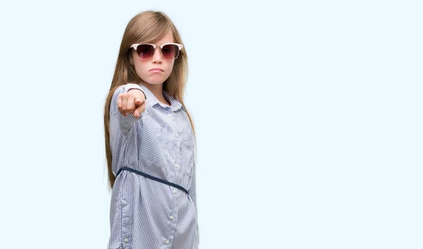 Young Blonde Toddler Wearing Blue Shirt Pointing Finger Camera You — Stock Photo, Image