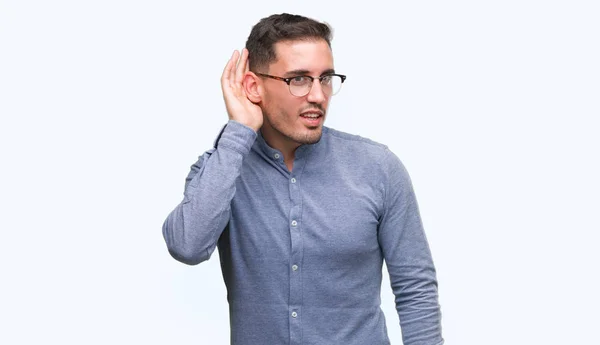 Handsome Young Elegant Man Wearing Glasses Smiling Hand Ear Listening — Stock Photo, Image