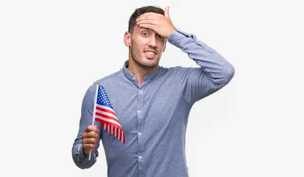 Handsome Young Man Holding Flag America Stressed Hand Head Shocked — Stock Photo, Image
