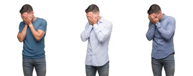 Yakışıklı genç adam üzgün ifade yüz eller ile ağlayarak süre kapsayan ile farklı kıyafetler giyiyor. Depresyon kavramı.