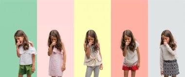 Kolaj esmer İspanyol kız hasta ve soğuk veya bronşit için semptom olarak öksürük duygu farklı kıyafetler giyiyor. Sağlık kavramı.