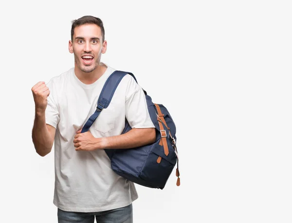 Handsome Young Man Holding Backpack Screaming Proud Celebrating Victory Success — Stock Photo, Image