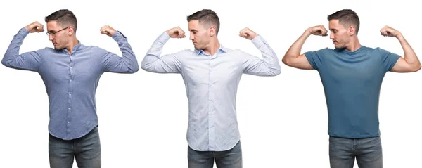 Hombre Joven Guapo Con Diferentes Trajes Mostrando Los Músculos Los —  Fotos de Stock