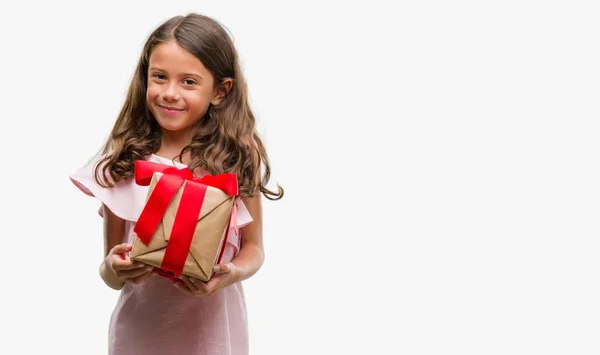 Brunette Hispanic Girl Holding Gift Happy Face Standing Smiling Confident — Stock Photo, Image