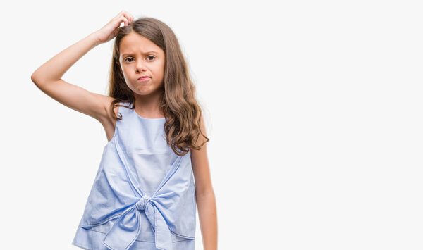 Брюнетка латиноамериканка сбивает с толку и задается вопросом. Неуверенный в сомнении, думающий рукой об голову. Комплексная концепция
.