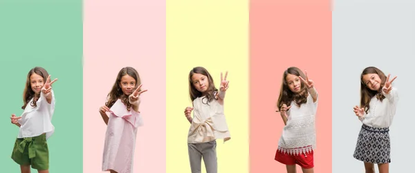 Κολάζ Από Μελαχρινή Κορίτσι Ισπανόφωνος Φορώντας Διαφορετικά Ρούχα Χαμογελώντας Ψάχνει — Φωτογραφία Αρχείου