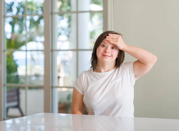 Syndrome Woman Home Stressed Hand Head Shocked Shame Surprise Face — Stock Photo, Image