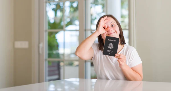 Syndrome Woman Home Holding Usa Passport Happy Face Smiling Doing — Stock Photo, Image