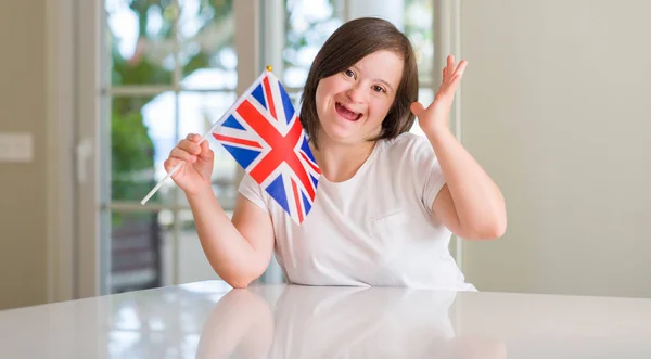 Syndrome Woman Home Holding Flag Very Happy Excited Winner Expression — Stock Photo, Image