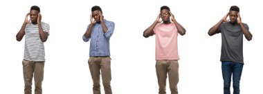 Çünkü kafasına baş ağrısı için el ile farklı kıyafetler giyen Afrikalı-Amerikalı adam kolaj stres. Migren muzdarip.