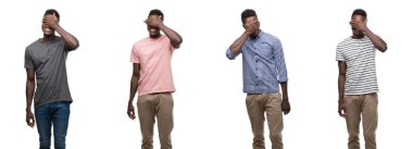 Kolaj bir Afrikalı-Amerikalı adam gülümsüyor ve gözleri için sürpriz kapsayan yüz el ile gülüyor farklı kıyafetler giyiyor. Kör kavramı.