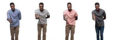 Kolaj Afro-Amerikan adamın dostu sunan el sıkışma tebrik ve davet edici olarak gülümseyen farklı kıyafetler giyiyor. Başarılı iş.