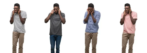 Collage Afroamerikanska Man Klädd Olika Outfits Som Täcker Öronen Med — Stockfoto