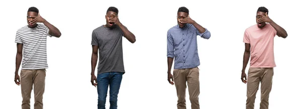 非洲裔美国人的拼贴画穿着不同的衣服偷看的脸和眼睛用手 看着通过手指尴尬的表情 — 图库照片