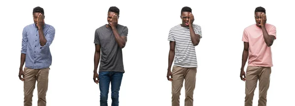 Collage Afroamerikanska Man Klädd Olika Outfits Som Täcker Ena Ögat — Stockfoto