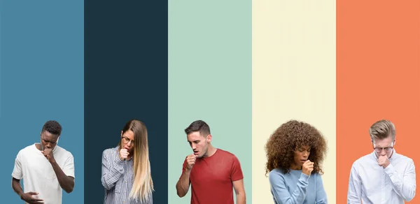 Group People Vintage Colors Background Feeling Unwell Coughing Symptom Cold — Stock Photo, Image