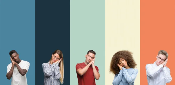 Groep Mensen Vintage Kleuren Achtergrond Slapen Moe Dromen Poseren Met — Stockfoto